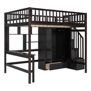 DreamHaus loft bed with integrated bookshelf, drawers, desk, and wardrobe for space-saving bedroom organization.