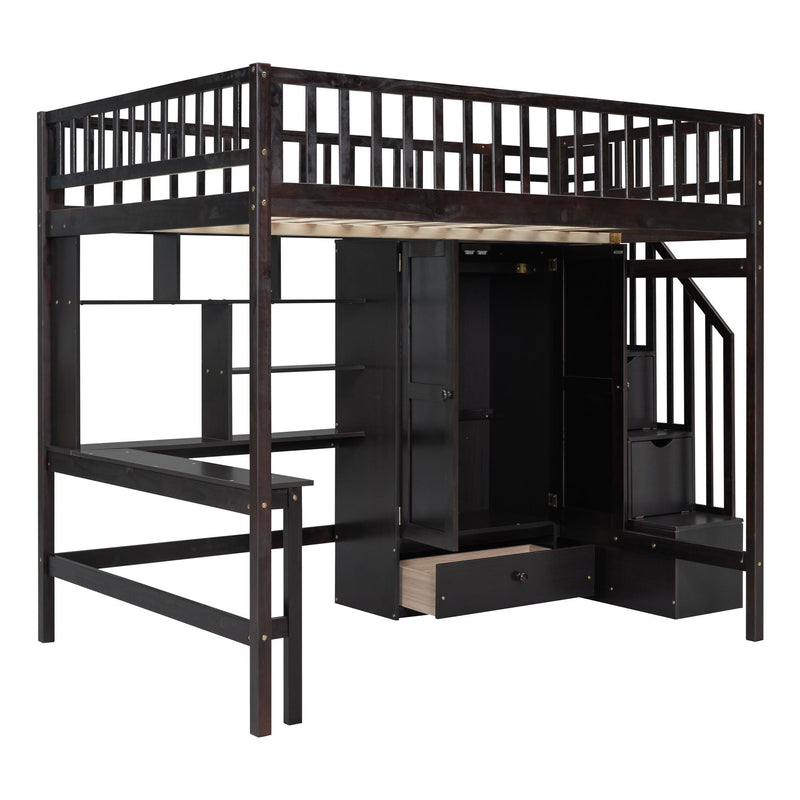 DreamHaus loft bed with integrated bookshelf, drawers, desk, and wardrobe for space-saving bedroom organization.