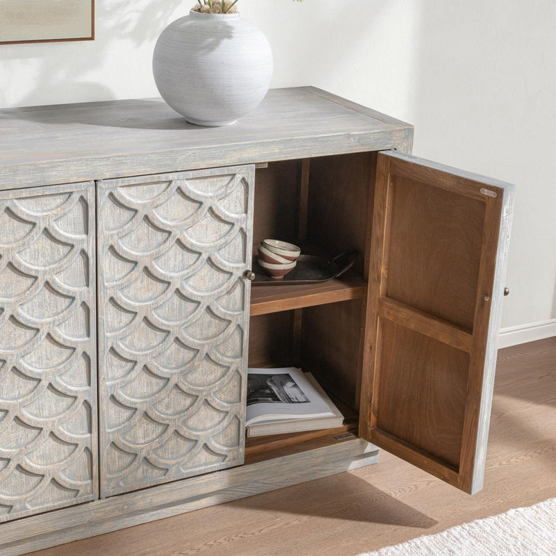 Blue washed Malibu 8-door buffet cabinet by Classic Home featuring a spacious storage design and a stylish rustic finish.