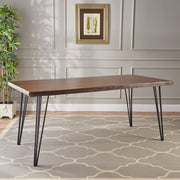 Modern industrial faux live edge dining table with natural finish and hairpin metal legs by Noble House, showcasing a stylish wood surface.