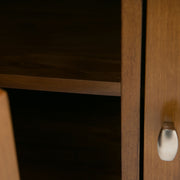 Handcrafted Warm Shaker entryway storage bench by Simpli-Home featuring a wooden seat and open shelving for shoes and accessories.