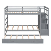 DreamHaus bunk bed with staircase and trundle, featuring twin beds, sturdy frame, and built-in storage in a modern bedroom setting.