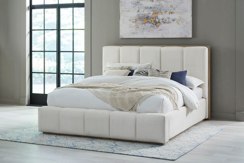 Gardenia Wood Frame Upholstered Queen-Size Platform Bed in Cotton and Chai