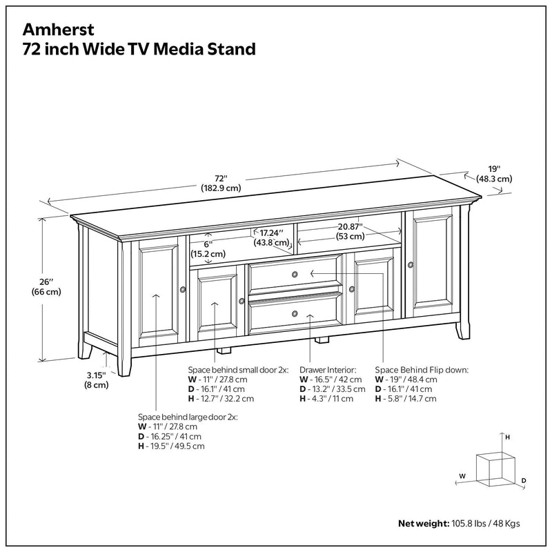 Handcrafted wide TV media stand from Simpli-Home Amherst collection with storage cabinets and open shelving for entertainment setup.