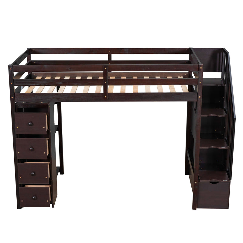 DreamHaus loft bed with built-in storage drawers, stairs with shelves, and a sturdy wooden frame suitable for kids or teens.