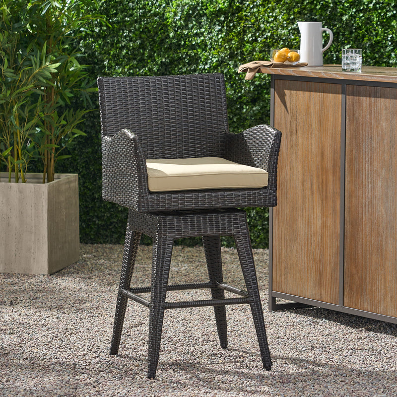 Outdoor Modern Rattan Swivel Barstool With Tapered Legs - Beige / Multibrown - R&R Furniture Gallery (Fountain Valley, CA)