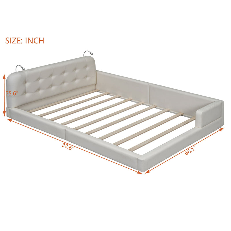 Queen Size Upholstered Platform Bed With 2 Reading Lights - White - R&R Furniture Gallery (Fountain Valley, CA)