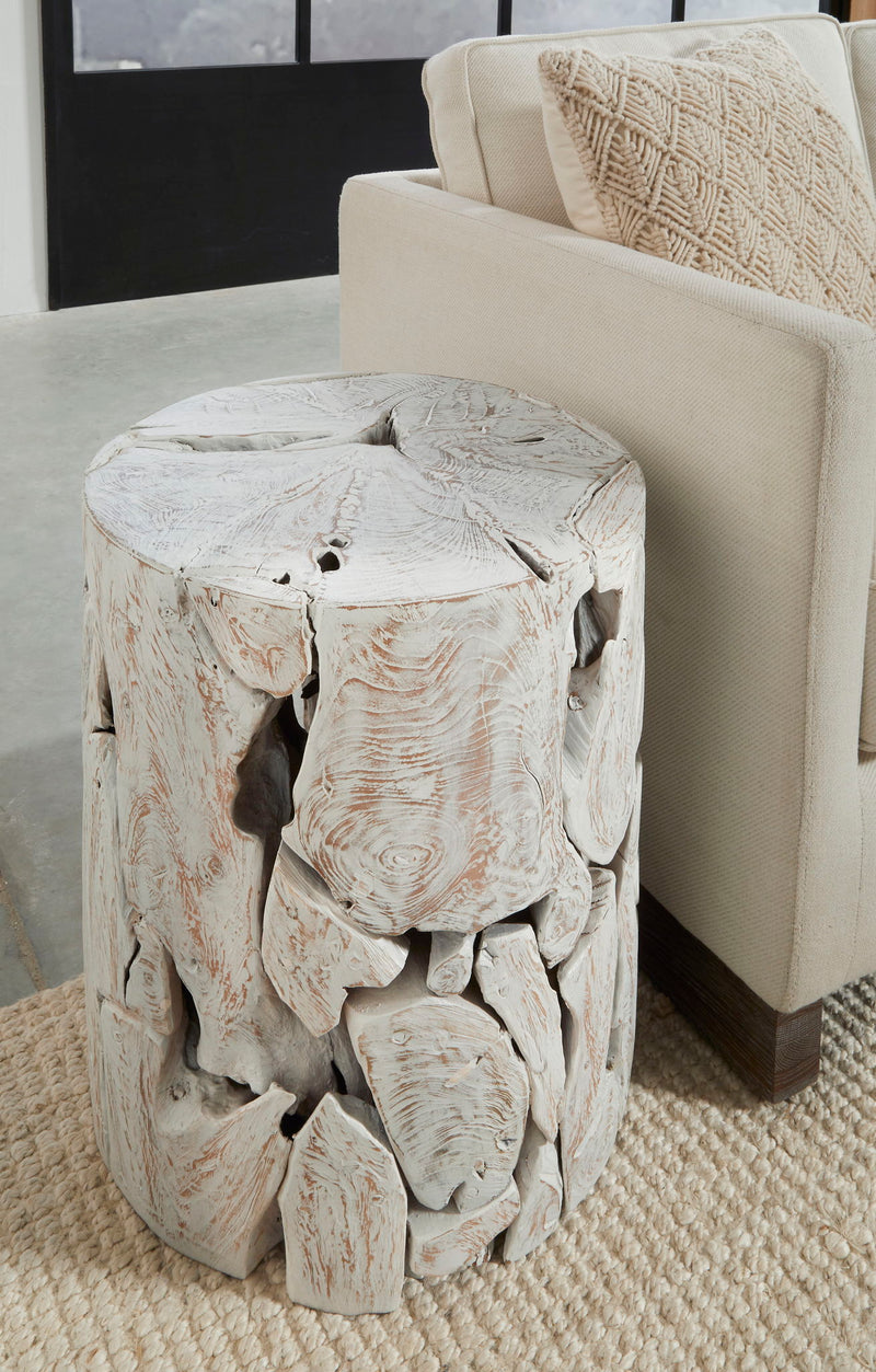 One Teak Slice Round End Table in Bleached Teak