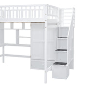 DreamHaus loft bed with integrated bookshelf, drawers, desk, and wardrobe, showcasing a multifunctional bedroom furniture setup.