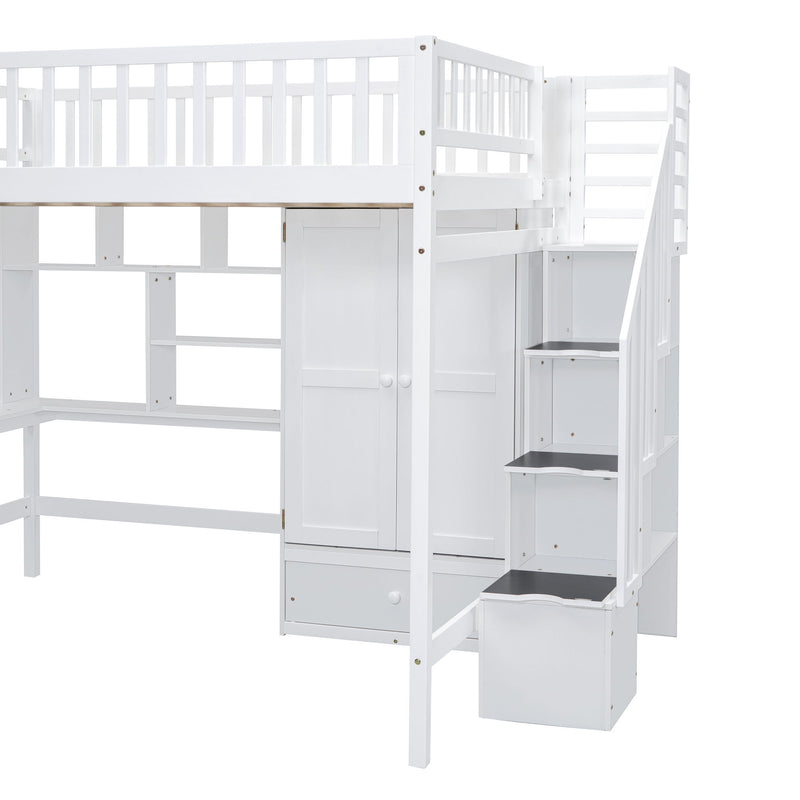 DreamHaus loft bed with integrated bookshelf, drawers, desk, and wardrobe, showcasing a multifunctional bedroom furniture setup.