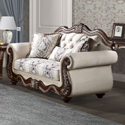 Pierce - Loveseat With 3 Pillows - Beige Fabric & Cherry - R&R Furniture Gallery (Fountain Valley, CA)