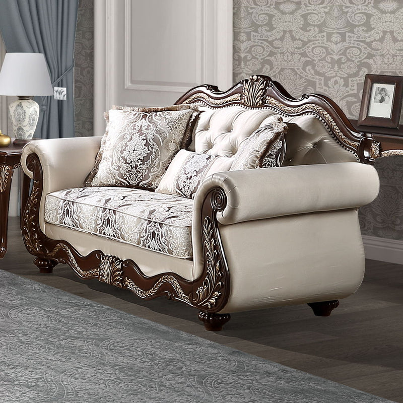 Pierce - Loveseat With 3 Pillows - Beige Fabric & Cherry - R&R Furniture Gallery (Fountain Valley, CA)