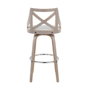 Lumi Source Charlotte farmhouse fixed height bar stool set with round footrest, featuring wooden seats and metal legs.