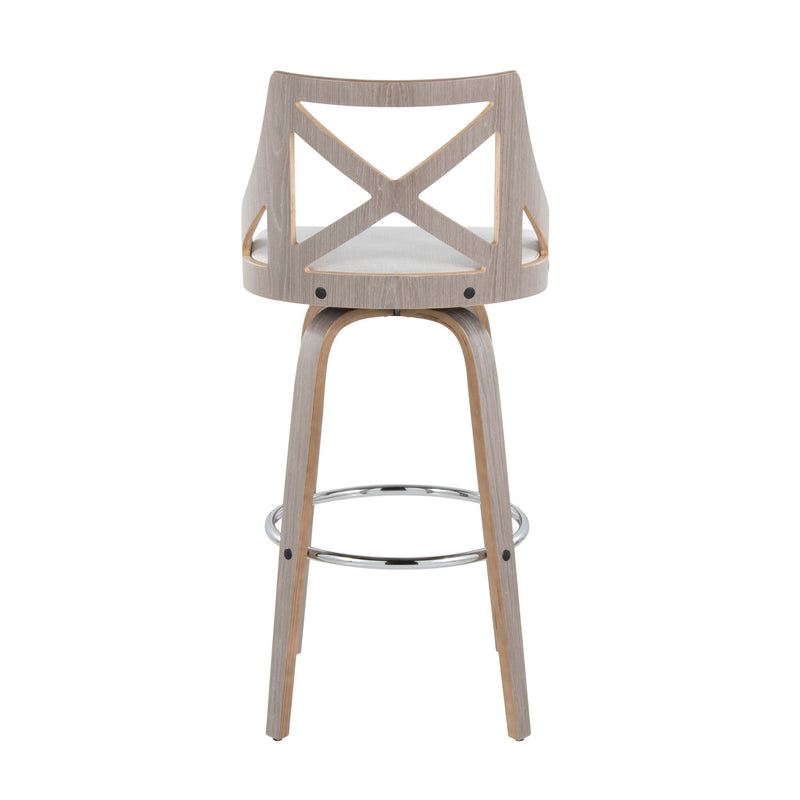 Lumi Source Charlotte farmhouse fixed height bar stool set with round footrest, featuring wooden seats and metal legs.