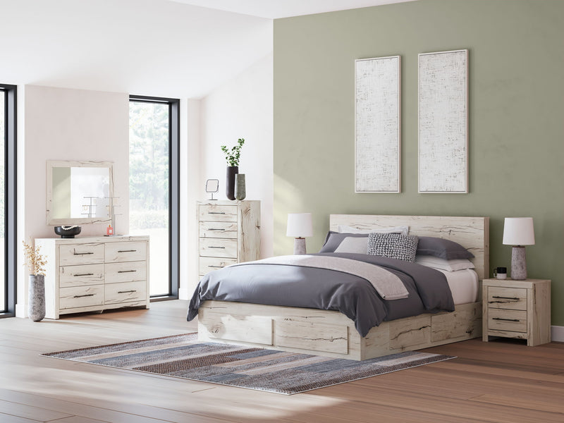 Benchcraft Lawroy 8+ piece bedroom set featuring a bed frame, nightstands, and dresser in a modern bedroom setting.