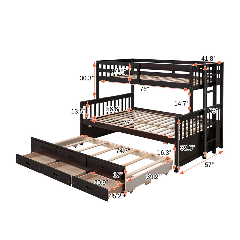 DreamHaus bunk bed with twin size trundle and built-in drawers, featuring a sturdy wooden frame and space-saving design.