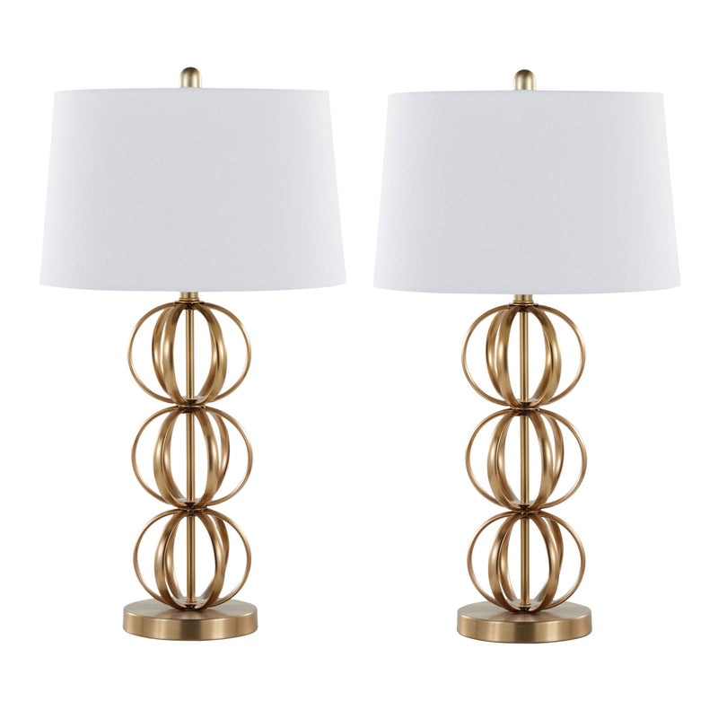 Lumi Source Linx contemporary table lamp set with gold bases and white shades, modern design for living room or bedroom decor.