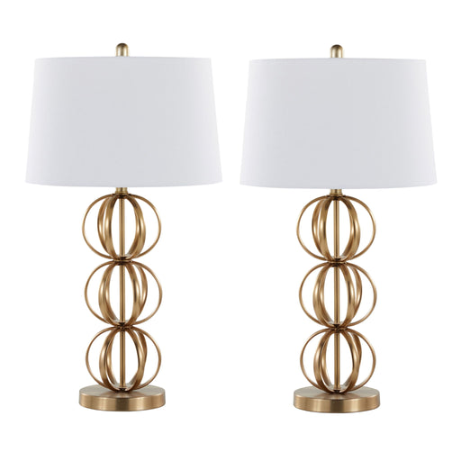 Lumi Source Linx contemporary table lamp set with gold bases and white shades, modern design for living room or bedroom decor.