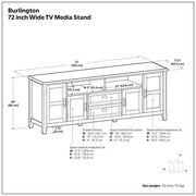 Simpli-Home Burlington TV media stand with open shelves and closed storage for entertainment electronics and accessories.