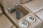 Parker Living Theon modular reclining sectional with built-in entertainment console, featuring plush upholstery and adjustable reclining seats.