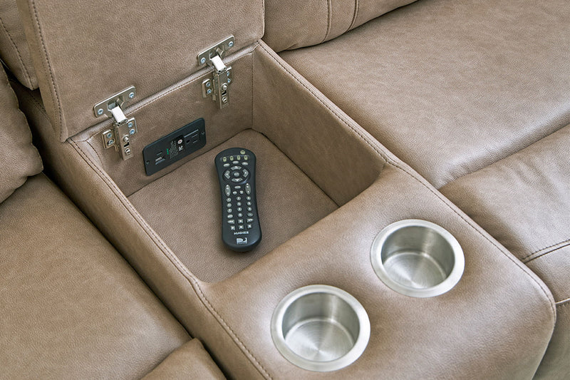 Parker Living Theon modular reclining sectional with built-in entertainment console, featuring plush upholstery and adjustable reclining seats.
