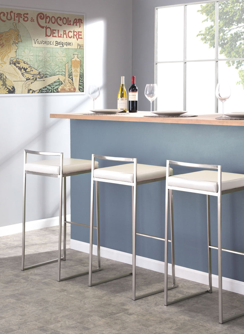 Lumi Source Fuji contemporary stackable barstool set featuring sleek, modern design with wooden seats and metal frames.