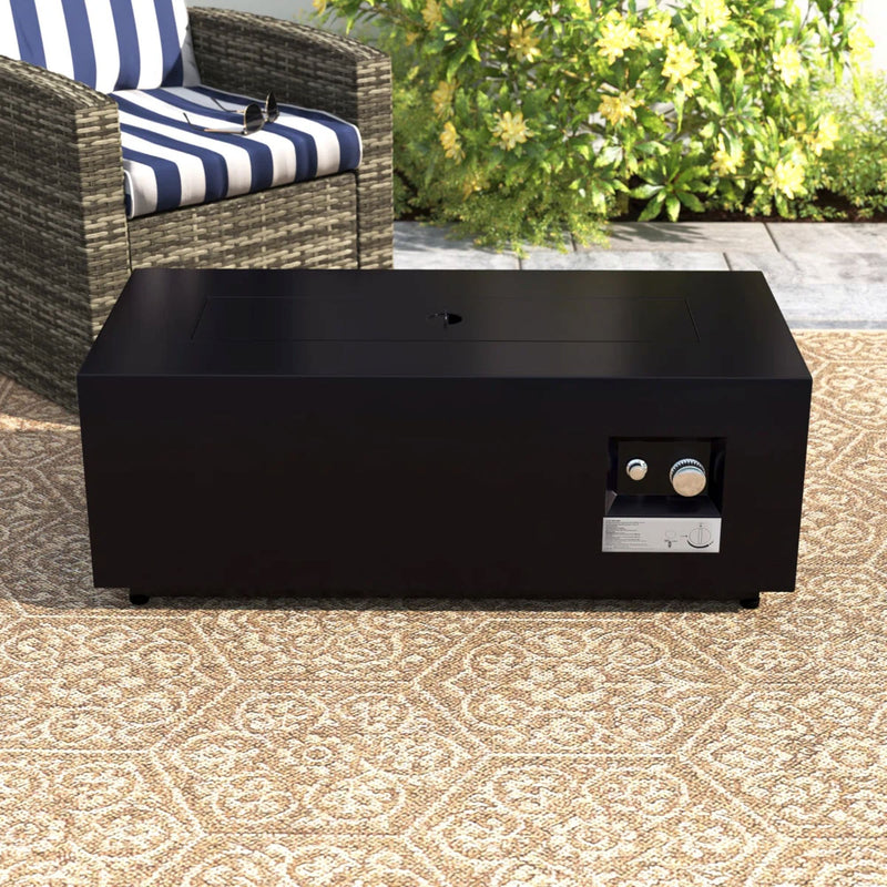 Modern LSI Patio Furniture outdoor fire pit table with cover, featuring a sleek design and sturdy construction for outdoor heating.