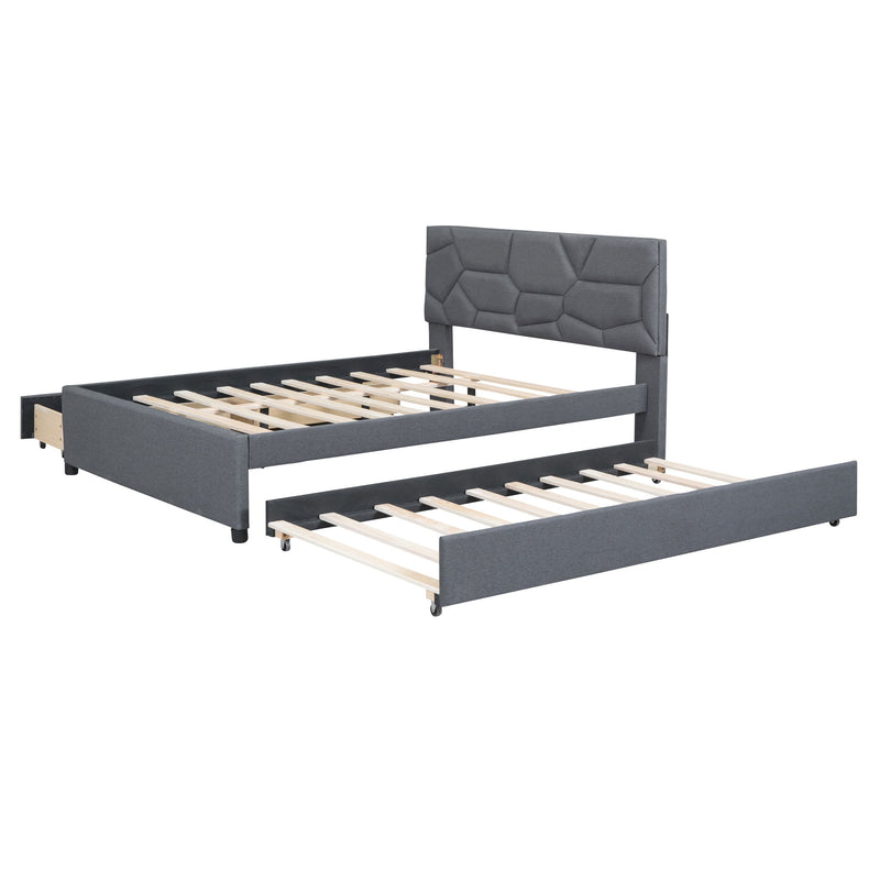 Upholstered Platform Bed With Brick Pattern Headboard And Twin Long Size Trundle - R&R Furniture Gallery (Fountain Valley, CA)