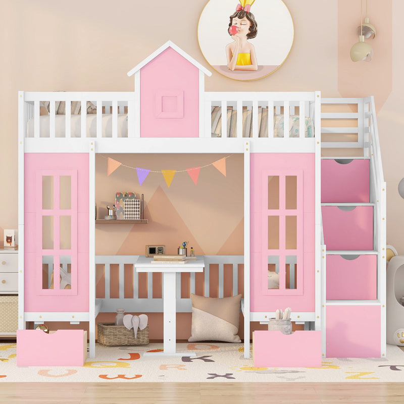DreamHaus twin over twin bunk bed with changeable table, featuring upper bed, down desk, and versatile furniture design.