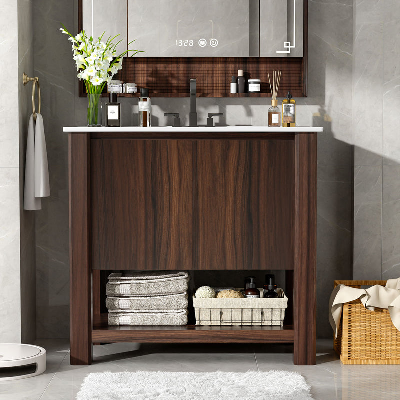 Modern Bathroom Vanity With Rectangle Ceramic Sink, Soft Closing Doors - R&R Furniture Gallery (Fountain Valley, CA)