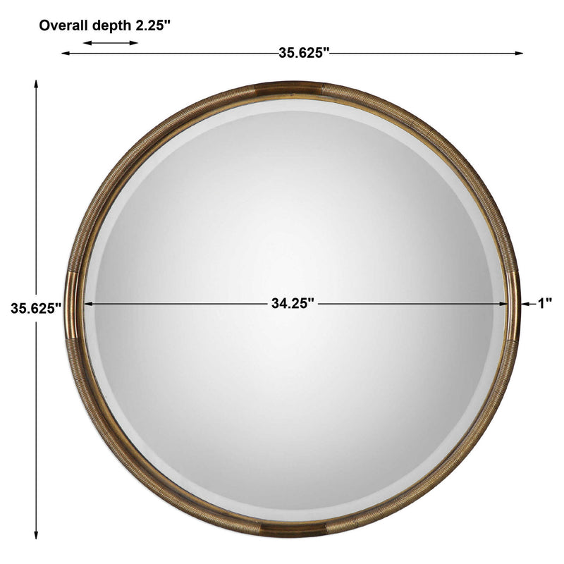 Uttermost Finnick gold iron coil round wall mirror with a modern, sculptural design suitable for contemporary interiors.