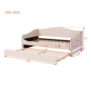 Design upholstered daybed with light and trundle, featuring plush fabric and wooden frame, ideal for versatile guest or lounging space.