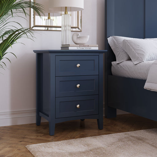 Modus Grace three-drawer nightstand in Blueberry finish, showing sleek wooden furniture with modern hardware and clean design.