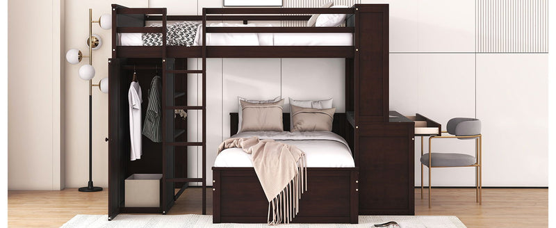 DreamHaus loft bed with twin standalone bed, shelves, desk, and wardrobe, showcasing a modern multi-functional bedroom furniture piece.