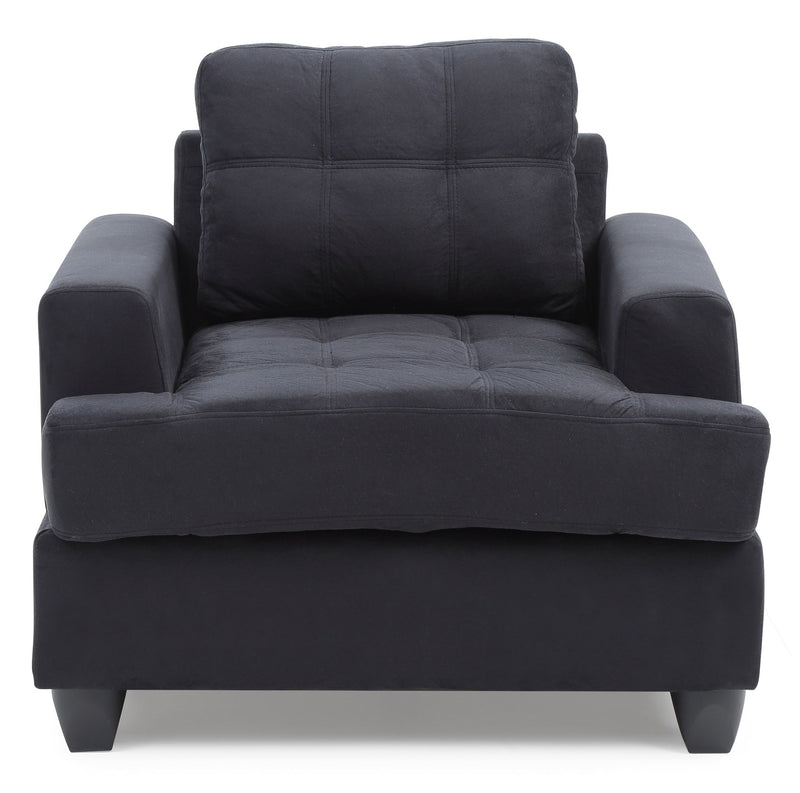 Glory Furniture transitional design armchair with plush fabric upholstery and wooden legs, in a modern living room setting.