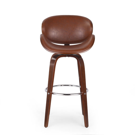 Noble House Lumos mid-century modern upholstered swivel barstool in bar height with wooden legs and cushioned seat.