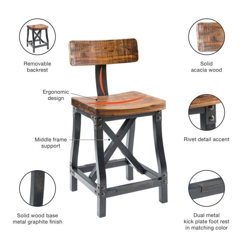 Industrial Counter Stool With Back Removable Solid Acacia - Amber - R&R Furniture Gallery (Fountain Valley, CA)