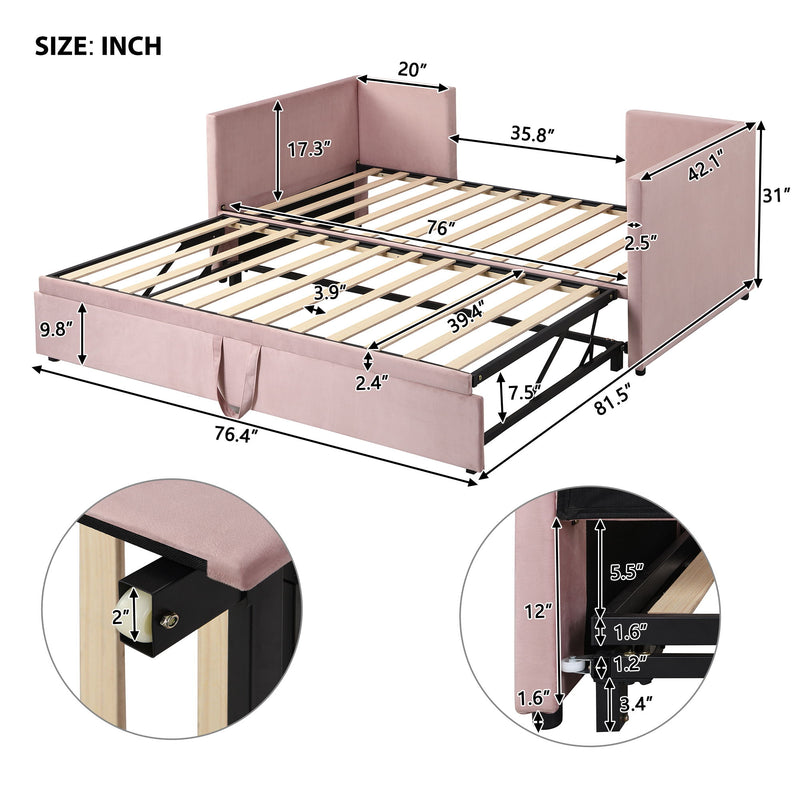Twin size upholstered daybed with pop-up trundle bed from Halcyon Home, featuring soft fabric and modern design in a cozy bedroom setting.