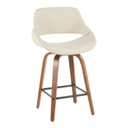 Set of two Lumi Source Fabrico mid-century modern counter stools with wooden seats and sleek black metal legs.