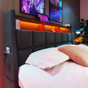 Artistry At Home upholstered platform bed with hydraulic storage, LED lighting, and USB charging ports, no mattress included.