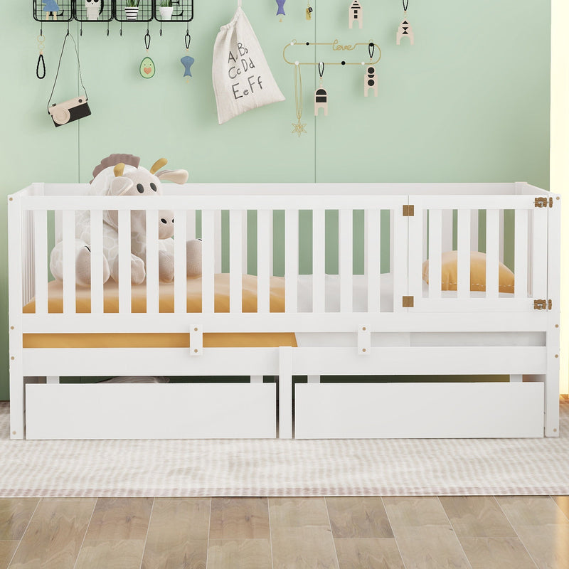 DreamHaus storage daybed with fence guardrails, two drawers, convertible into separate floor bed and daybed, made of wood.