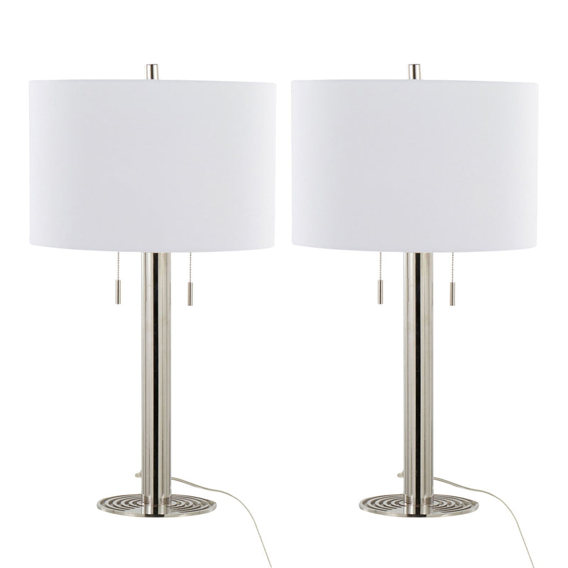Set of two Lumi Source Master 29-inch contemporary table lamps with polished nickel bases and white lamp shades.