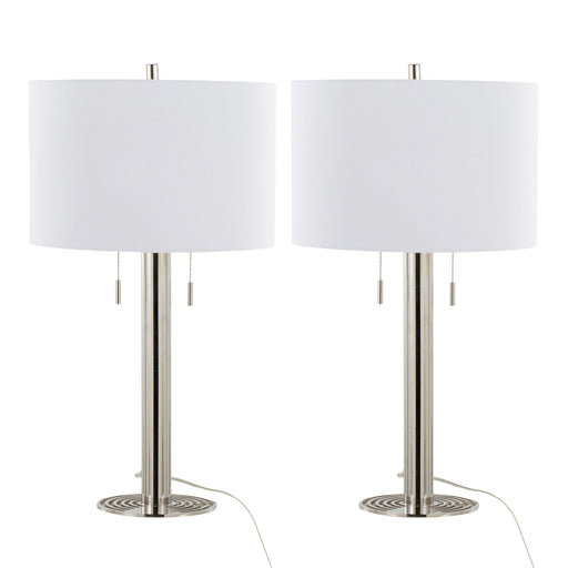 Set of two Lumi Source Master 29-inch contemporary table lamps with polished nickel bases and white lamp shades.