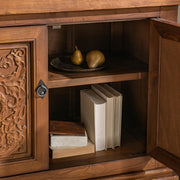 Classic Home Amita 3-drawer, 4-door brown buffet cabinet with wooden finish and modern design showing multiple drawers and doors.