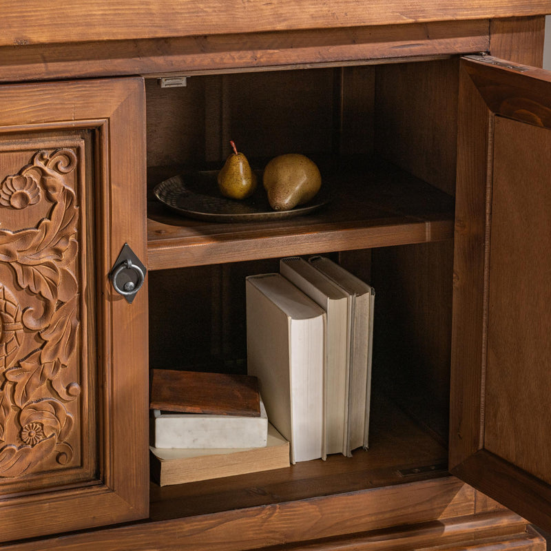 Classic Home Amita 3-drawer, 4-door brown buffet cabinet with wooden finish and modern design showing multiple drawers and doors.