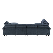 Luxe & Co. modern modular cloud sofa bed with six seats, U-shaped sectional couch, and ottoman in a stylish living room setting
