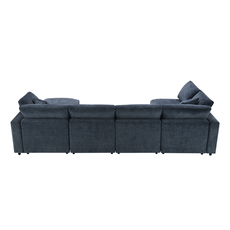 Luxe & Co. modern modular cloud sofa bed with six seats, U-shaped sectional couch, and ottoman in a stylish living room setting