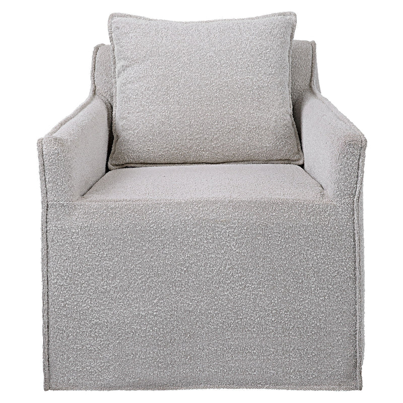 Gray Welland swivel chair by Uttermost featuring a modern design with a rounded back and cushioned seat.