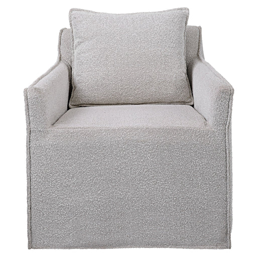 Gray Welland swivel chair by Uttermost featuring a modern design with a rounded back and cushioned seat.