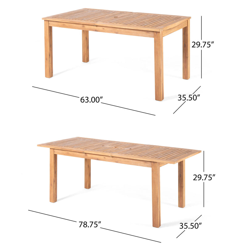 Outdoor expandable dining table with square legs by Noble House, shown in a spacious outdoor setting with extended surface.